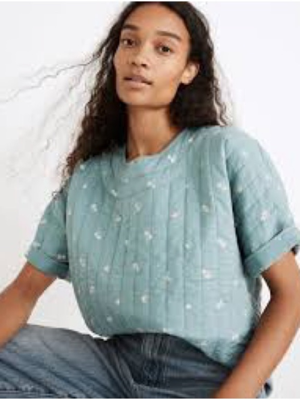 Madewell Quilted Short-Sleeve Top in Seafoam Green with White Floral